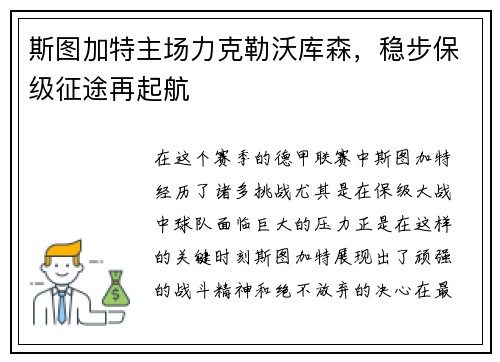 斯图加特主场力克勒沃库森，稳步保级征途再起航