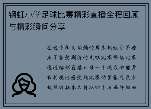 钢虹小学足球比赛精彩直播全程回顾与精彩瞬间分享